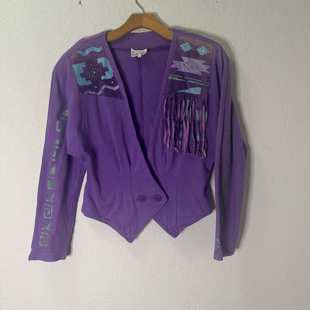 Vintage Purple Fringe Jacket with Geometric Patterns